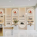 Elegant Modern Boutique Interior With Circular Display Shelves Products And Lighting Fixtures