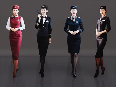Women In Elegant Stewardess Uniforms With Different Professional Style Designs 3d model