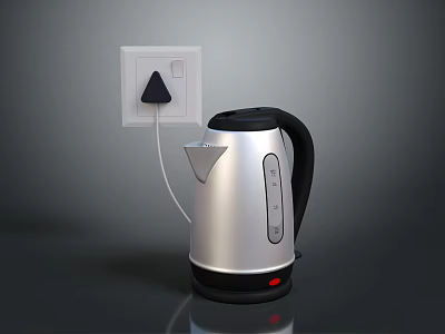 Silver Electric Kettle With Black Handle Plugged Into White Power Socket For Daily Use 3d model