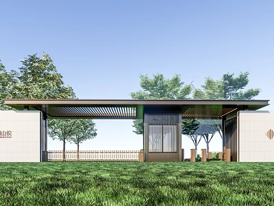 Modern Entrance Gate Design With Pergola Roof Green Lawn And Trees 3d model