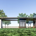 Modern Entrance Gate Design With Pergola Roof Green Lawn And Trees