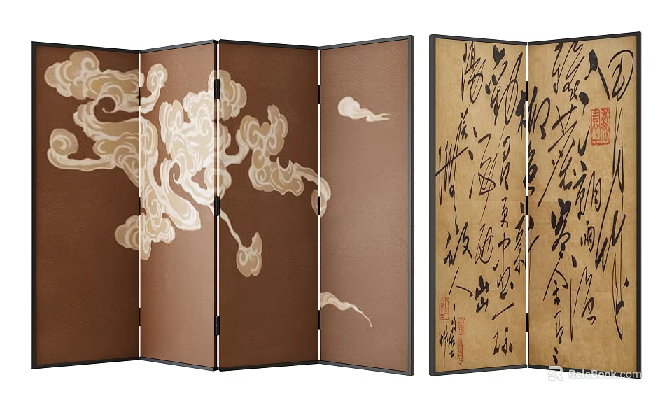 Traditional Folding Screens With Cloud Patterns Calligraphy And Red Seals Design 3d model