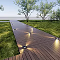 In ground Outdoor Lights Illuminating Wooden Walkway With Grass And Trees