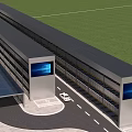 Modern Multi Story Parking Garage With Gray Exterior Yellow Railings And Blue Screens