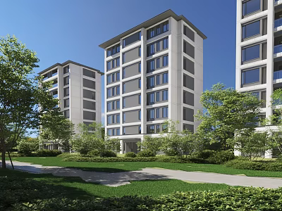 Modern Residential Building With Contemporary Exterior Surrounded By Green Trees And Lawns 3d model