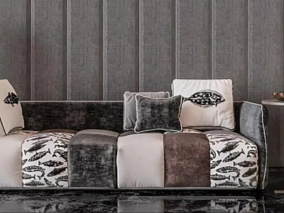 Modern Gray And Beige Two-Seater Sofa With Patchwork Design Velvet Upholstery Patterned Cushions And Soft Texture 3d model