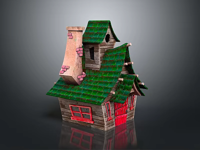 Fairy Tale Style Wooden House With Green Roof Red Door And Brick Chimney 3d model