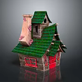 Fairy Tale Style Wooden House With Green Roof Red Door And Brick Chimney