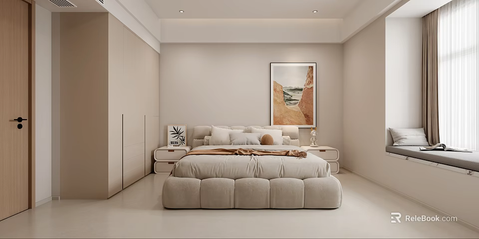 Modern Minimalist Bedroom Interior Design With Plush Bed Nightstands Wall Art And Wardrobe 3d model 