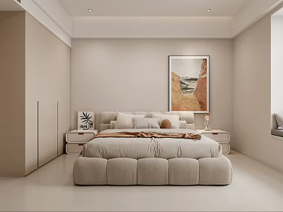 Modern Minimalist Bedroom Interior Design With Plush Bed Nightstands Wall Art And Wardrobe 3d model