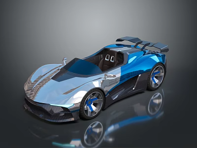 Futuristic Blue Silver Concept Sports Car With Open Top Streamlined Design Rear Spoiler Unique Wheels 3d model