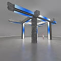Art Installation Featuring Concrete Pillars And Blue Light Strips In Indoor Space With Person