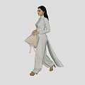 Woman In White Ao Dai Holding Bamboo Fan With Embroidery On Light Background