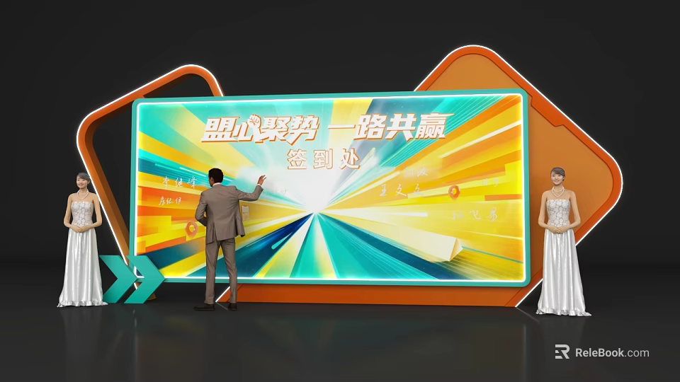 Check In Area With Large Screen Colorful Background Orange Frame Man In Suit And Models 3d model 