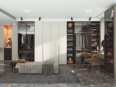 Modern Walk-in Closet Interior With White Cabinets Hanging Space Dressing Table Bench And Mirrors 3d model