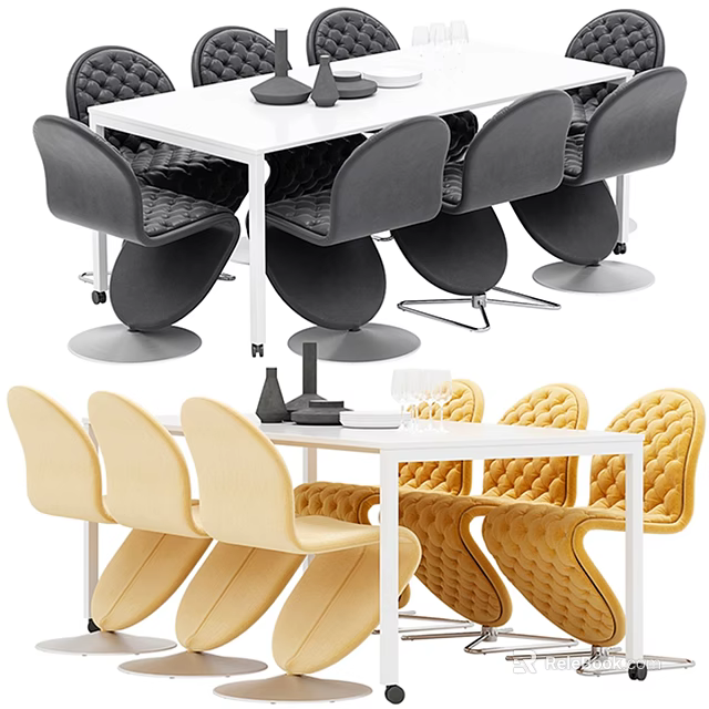 Modern Dining Table Set With Black And Yellow Upholstered Chairs And White Table Top 3d model 