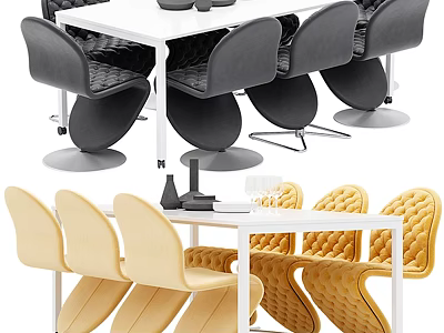 Modern Dining Table Set With Black And Yellow Upholstered Chairs And White Table Top 3d model
