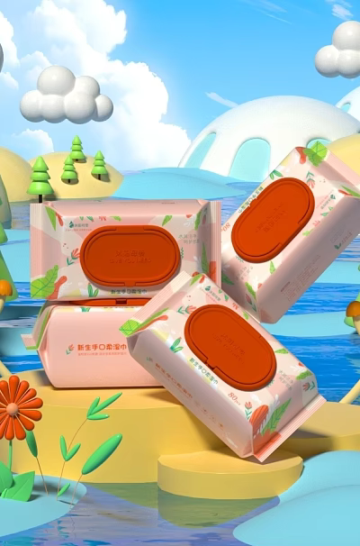 Three Packs Pink Cleansing Wet Wipes With Green Trees Clouds And Flowers In Cartoon Scene 3d model