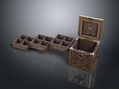 Open Wooden Storage Box With Multiple Compartments And Ornate Carved Design 3d model