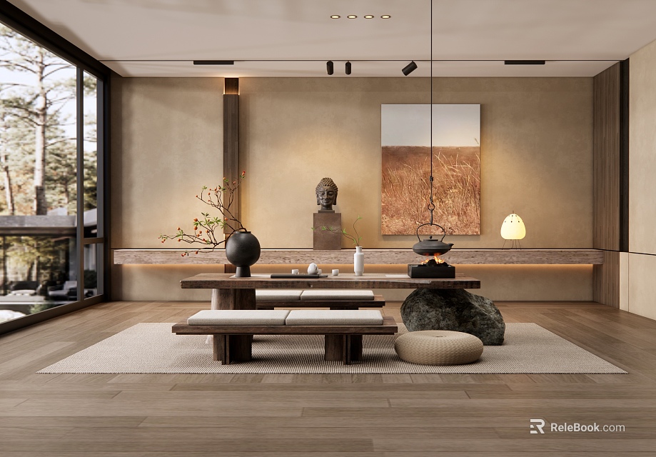 Serene Tea Room Interior With Wooden Table Tea Sets Decorative Painting And Green Plants 3d model 