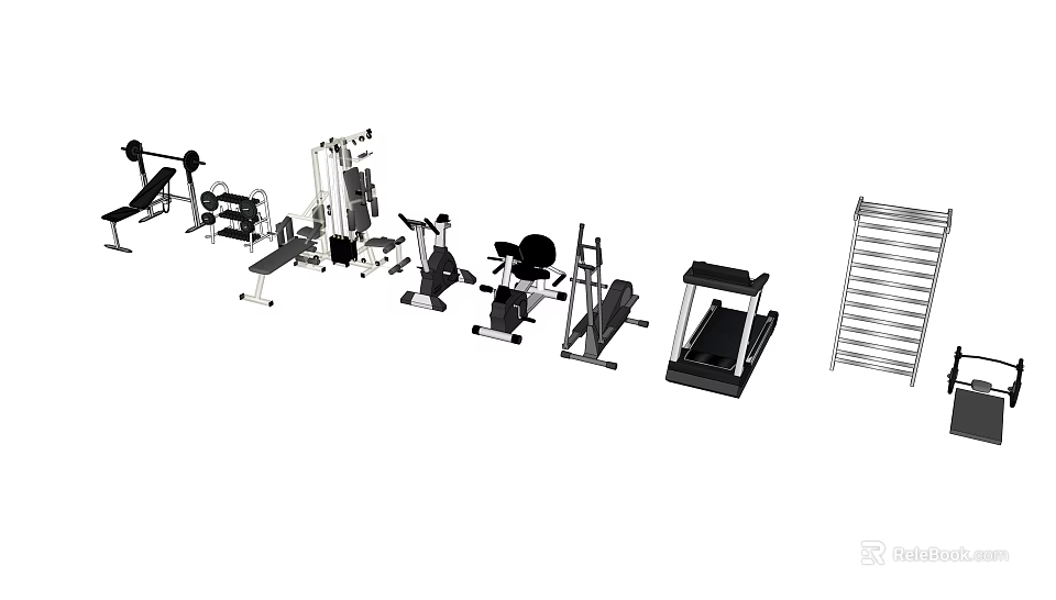 Various Sports Equipment Including Treadmill Dumbbells And Fitness Racks For Home Gym 3d model 
