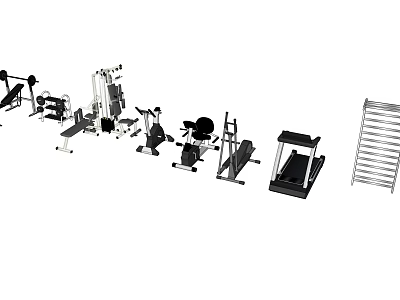 Various Sports Equipment Including Treadmill Dumbbells And Fitness Racks For Home Gym 3d model