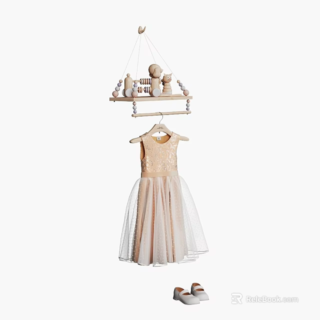 Beige Lace Tulle Dress Hanging on Hanger With Small Wooden Shelf and Toy Accents 3d model 