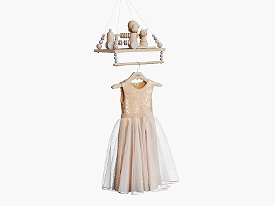Beige Lace Tulle Dress Hanging on Hanger With Small Wooden Shelf and Toy Accents 3d model