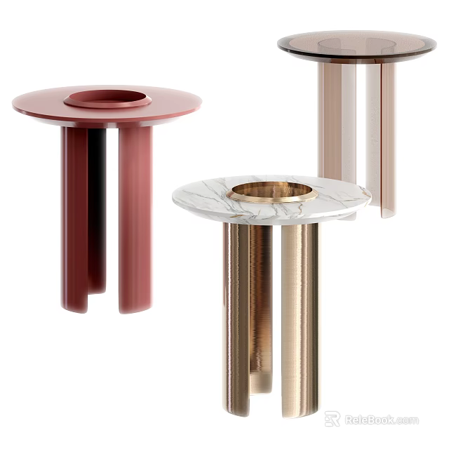 Modern Round Side Tables With Marble Tops And Metal Legs In Red Gold Brown 3d model 