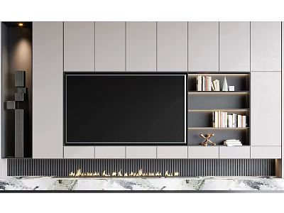 Modern TV Background Wall Design With Built in Bookshelves And Marble Base 3d model