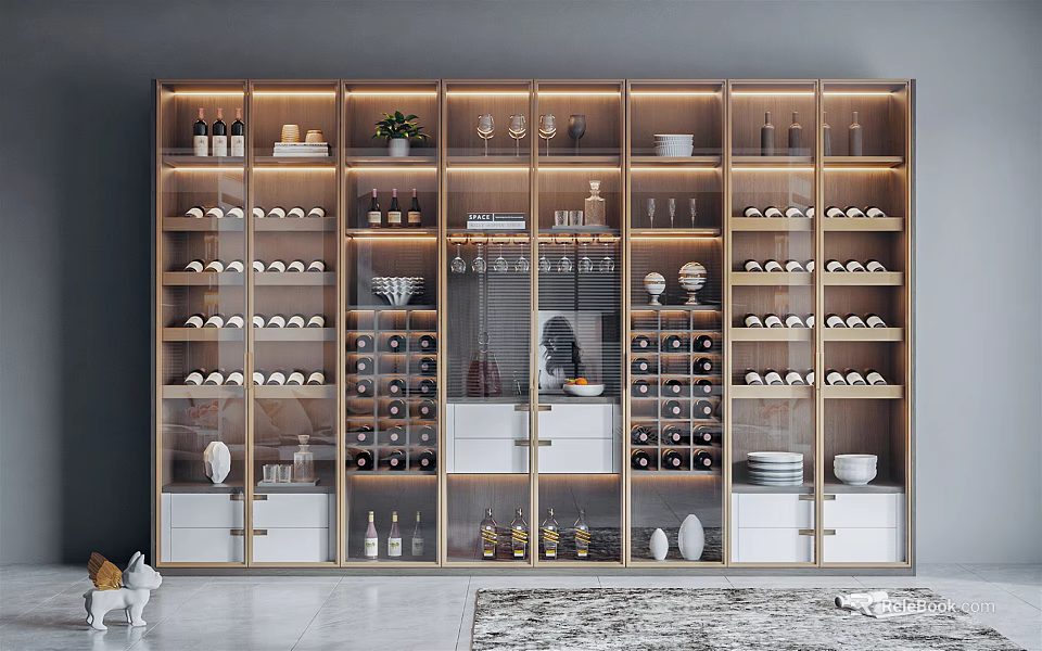 Modern Integrated Wine Cabinet With Glass Doors Wine Bottles Glassware And Decorations 3d model 