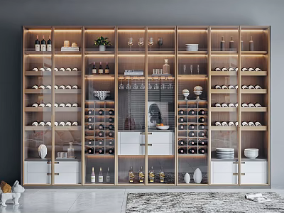 Modern Integrated Wine Cabinet With Glass Doors Wine Bottles Glassware And Decorations 3d model