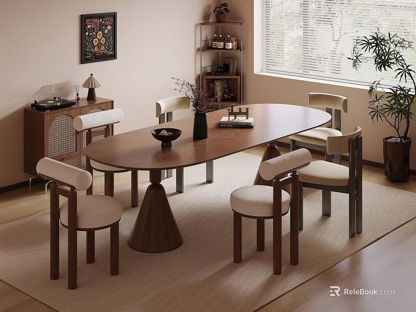 Wooden Oval Dining Table Set with Six Chairs Light Colored Cushions and Rug in Room 3d model 