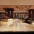 Chinese Style Restaurant Lobby With Red Ceiling Wooden Screens And Marble Floor