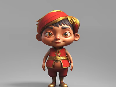 Cartoon Style Animated Game Movie Character With Red Turban And Golden Accents 3d model