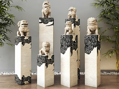 Stone Pillars Featuring Stone Lion Statues And Black Cloud Patterns With Green Plants 3d model