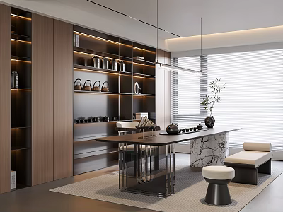 Modern Tea Room Interior Design With Long Table Shelves Hanging Lights And Plant 3d model