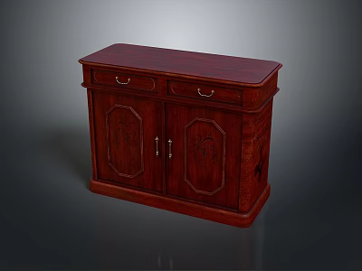 Traditional Dark Red Solid Wood Cabinet With Carved Design Two Doors And Drawers 3d model
