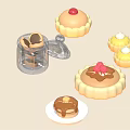 Assorted Sweet Desserts Including Strawberry Topped Tarts Chocolate Sauce Cupcakes and Yellow Pastries