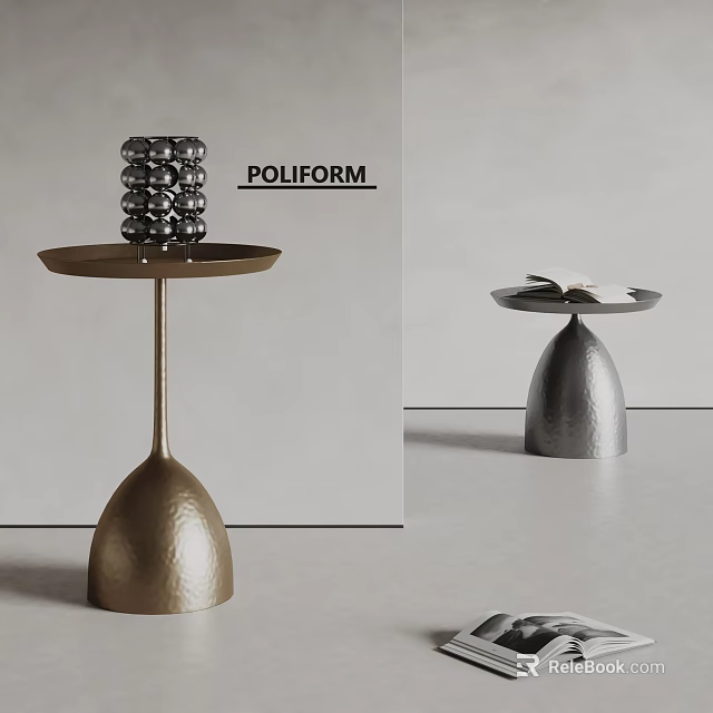 Poliform Modern Metal Side Tables With Gold Silver Bell Shaped Bases And Decorative Objects 3d model
