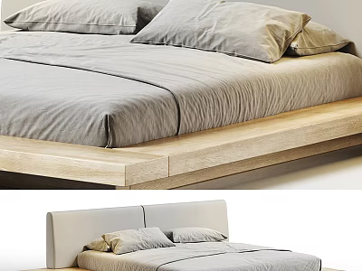 Modern Wooden Platform Double Bed With Gray Bed Sheets And Pillows 3d model