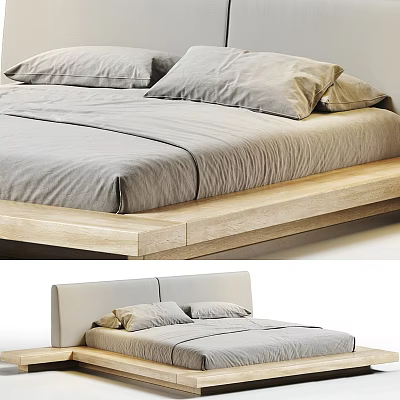 Modern Wooden Platform Double Bed With Gray Bed Sheets And Pillows 3d model