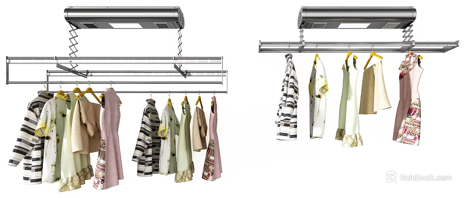 Modern Overhead Clothes Rack With Multiple Hangers Hanging Dresses Shirts And Coats 3d model 