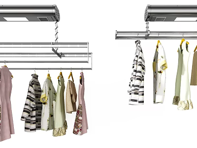 Modern Overhead Clothes Rack With Multiple Hangers Hanging Dresses Shirts And Coats 3d model