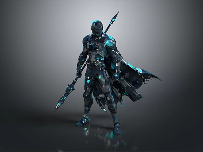 Sci Fi Warrior Character With Futuristic Armor Glowing Blue Accents And Spear Weapon 3d model