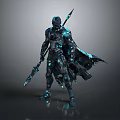 Sci Fi Warrior Character With Futuristic Armor Glowing Blue Accents And Spear Weapon