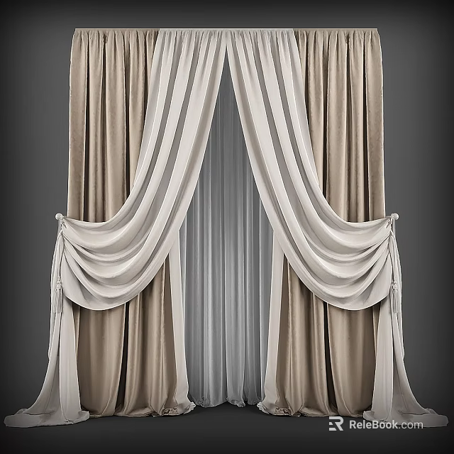 Double Layer Beige Curtains With White Sheer Inner Layer Pleated Design And Tiebacks 3d model