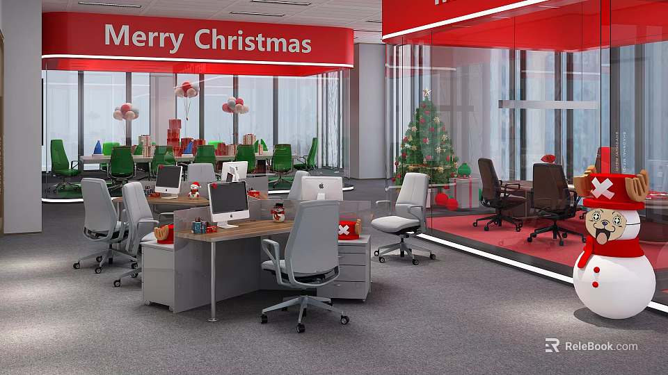 Modern Office Chairs in Christmas Festive Office Workspace With Tree and Gift Boxes 3d model 
