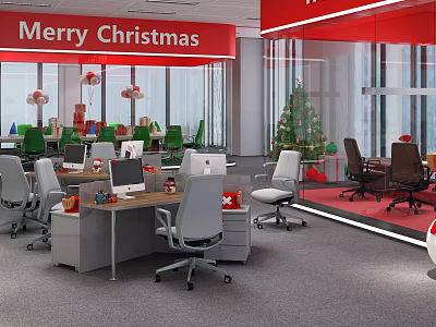 Modern Office Chairs in Christmas Festive Office Workspace With Tree and Gift Boxes 3d model