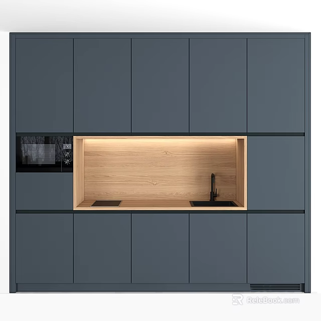 Modern Dark Gray Kitchen Cabinets With Wooden Open Shelf Sink And Faucet 3d model 